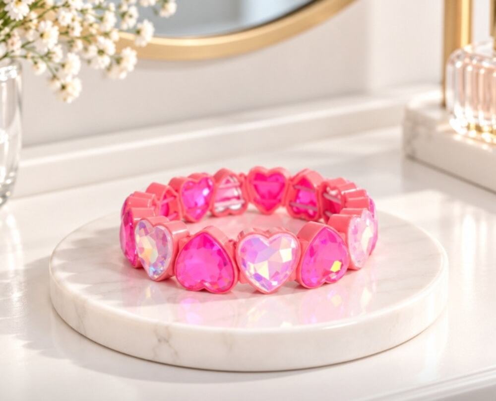 Heart Alloy Two Yone Pink AB Pink Stone Stretch Bracelet